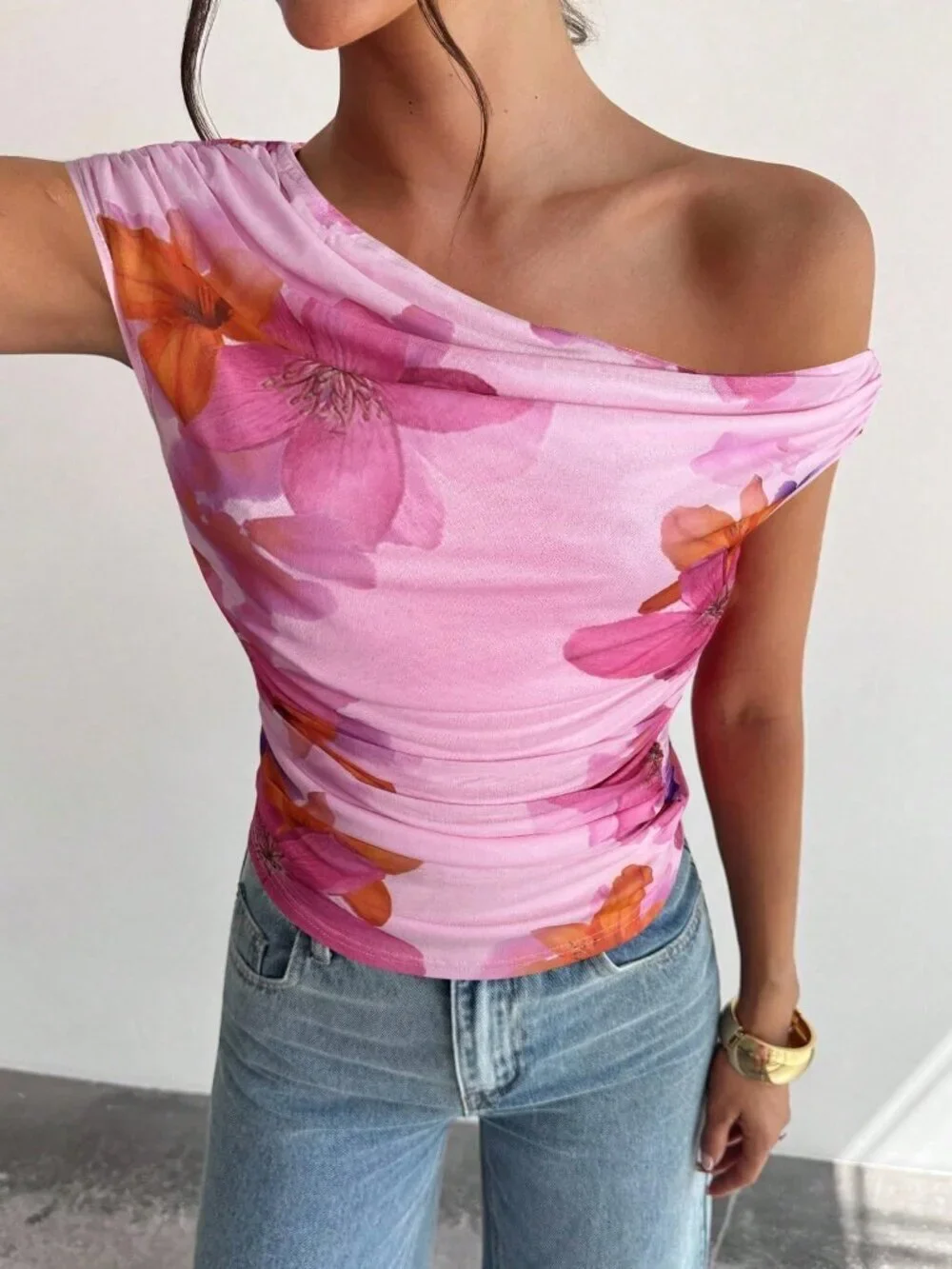 Multicolor Casual Women's Asymmetrical Tie-Dye Ruched Boho Blouse